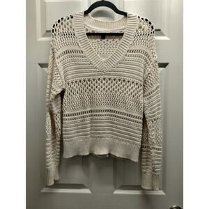 Universal Thread Size Small Cream Open Knit V-Neck Crochet Pullover Sweater Top